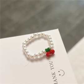 韩版新款弹力珍珠戒指女时尚简约个性几何透明水晶樱桃食指戒指环