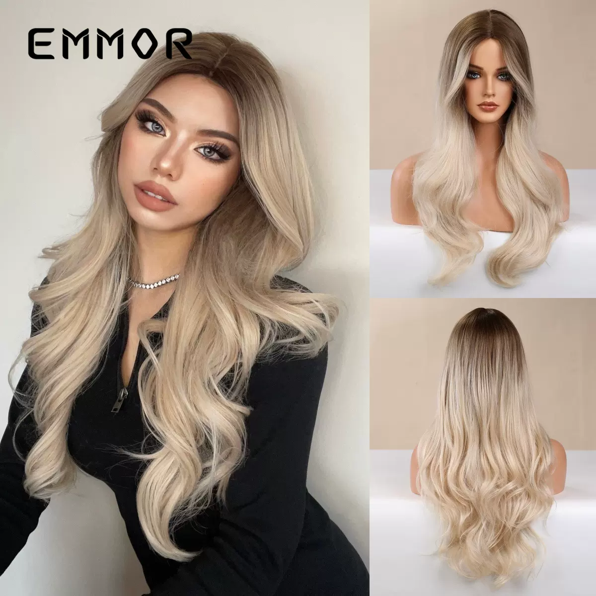 跨境外贸热销亚马逊中分渐变金色长卷发大波浪欧美风假发全头套女