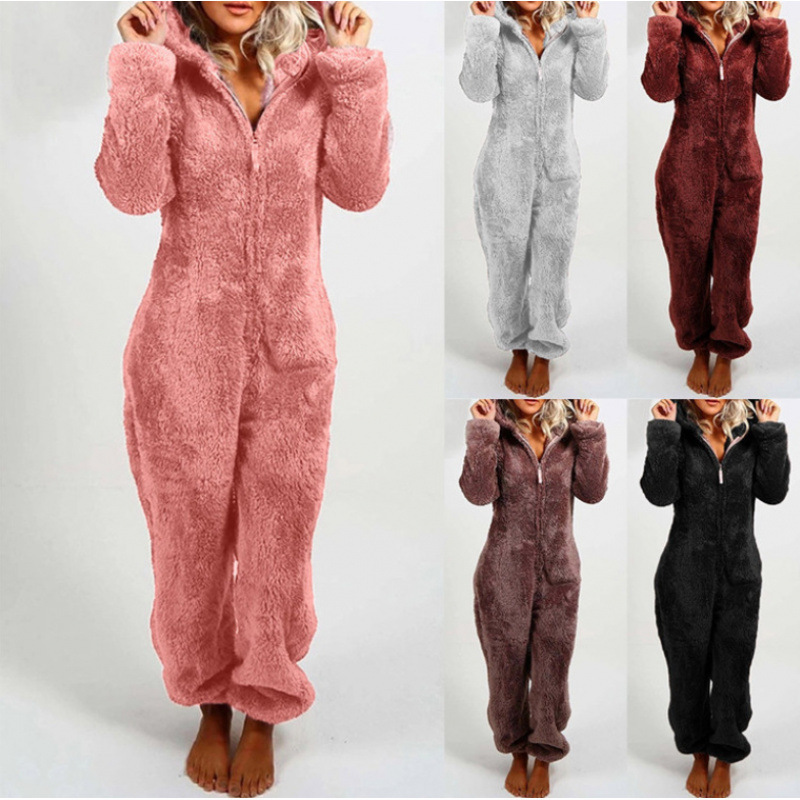 Cross-Border Foreign Trade European and American Clothing Autumn and Winter Velvet Thickened Furry Jumpsuit Home Hooded Bear Pajamas Cross-Border Foreign Trade European and American Clothing Autumn and Winter Velvet Thickened Furry Jumpsuit Home Hooded Bear Pajamas
