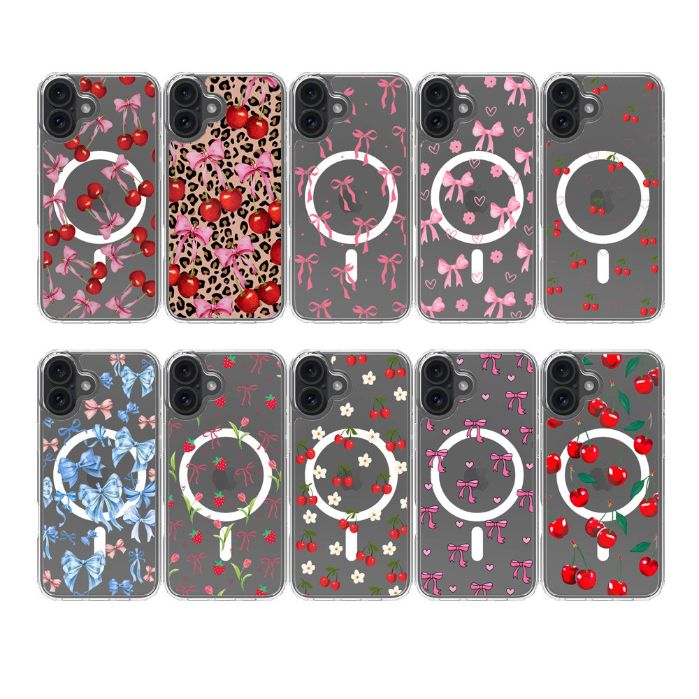 樱桃蝴蝶结彩绘亚克力套适用于苹果iPhone16promax磁吸手机壳跨境