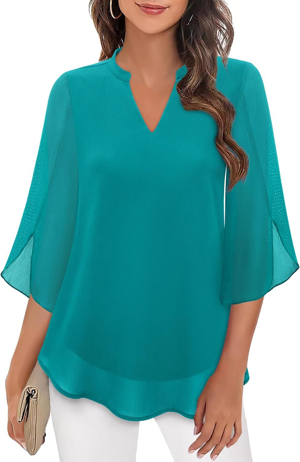 Damen Chiffonbluse Mit V-ausschnitt Und Blütenärmeln_voghion.com