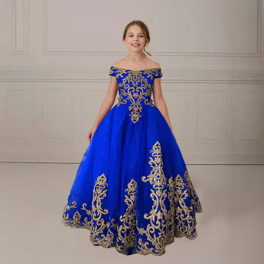 Vestido de niños europeo y americano, cuello de encaje, niña de las flores, anfitrión de piano para niños, fiesta de actuación, princesa larga, esponjoso