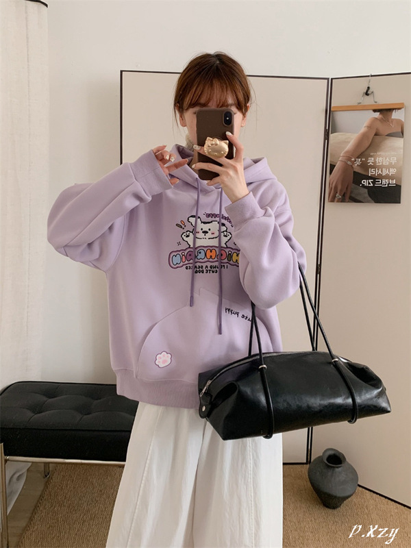 031 慵懒风连帽卫衣女秋季新款植绒卡通字母大码休闲女式卫衣长袖|undefined