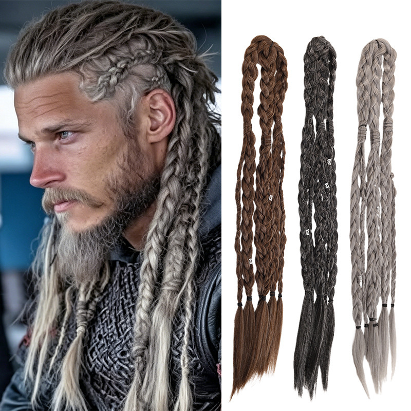 Cross-border Viking-style men's dreadlock ponytail wigs, popular in Europe and America, synthetic fiber hair extensions for stage performances, wholesale