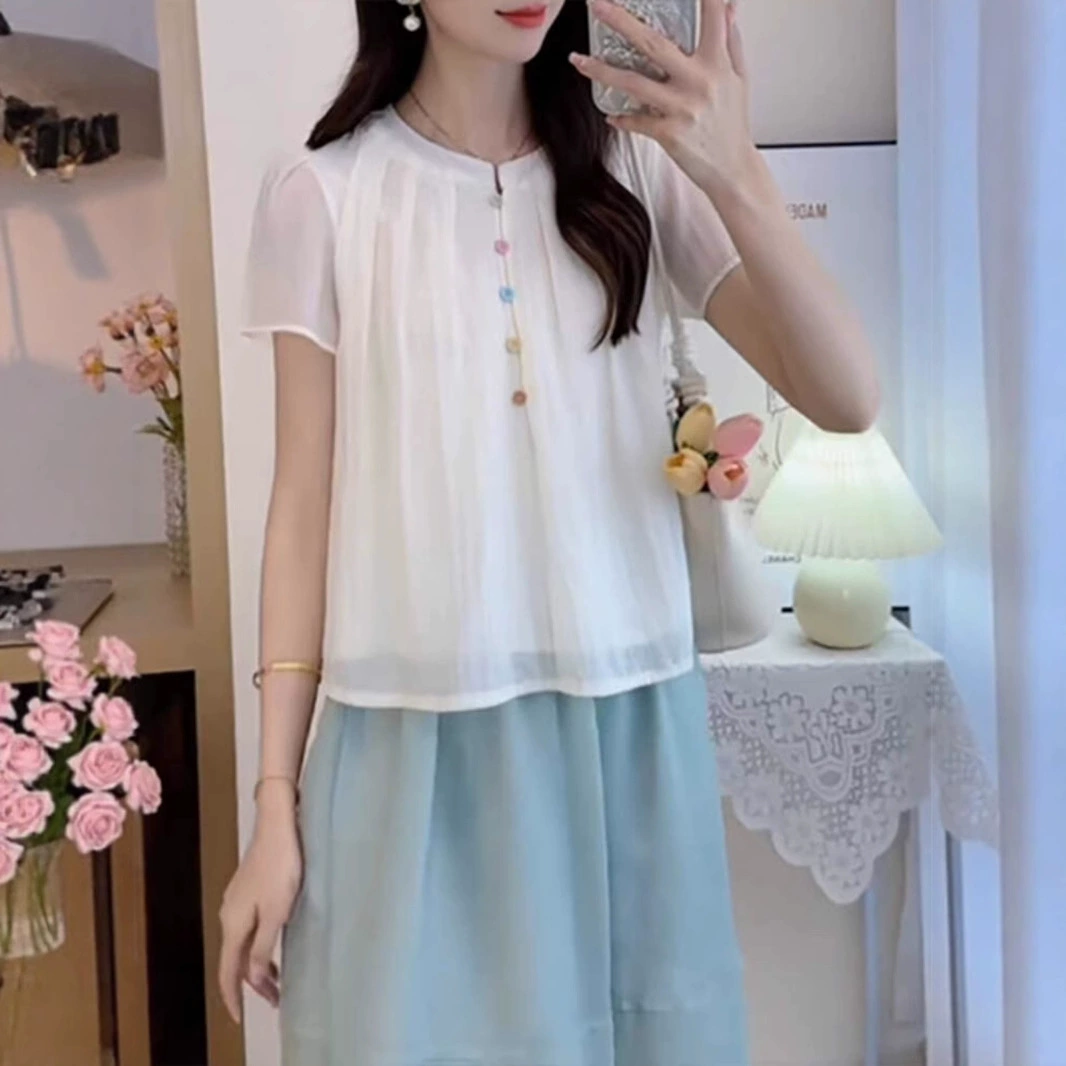 Женская милая свободная красочная рубашка на пуговицах больших размеров с короткими рукавами, слегка полный, утягивающий стильный топ, закрывающий живот