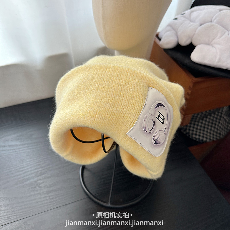 多色新款耳机贴布针织帽秋冬保暖日常百搭大头围宽松堆堆帽冷帽女|undefined