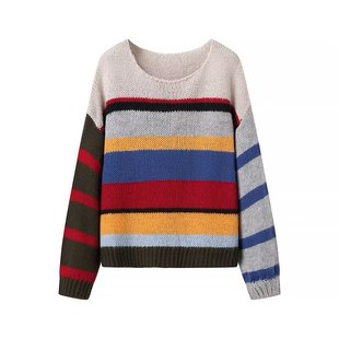 2024 Cross-border 2024 Cross-border Women's Autumn European and American Style Street Fashion Round Neck Color Striped Long Sleeve