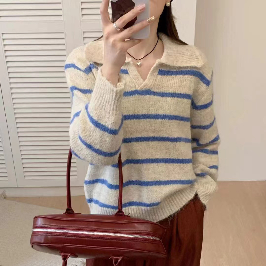 Suéter coreano con solapa para mujeres otoño y invierno nuevo estilo simple con rayas de contraste de color perezosas versátiles sueltas camisetas de punto transfronterizas image 9