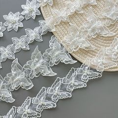 精緻歐根紗刺繡條碼蕾絲蝴蝶雙層釘珠花邊服裝輔料裝飾貼花條碼