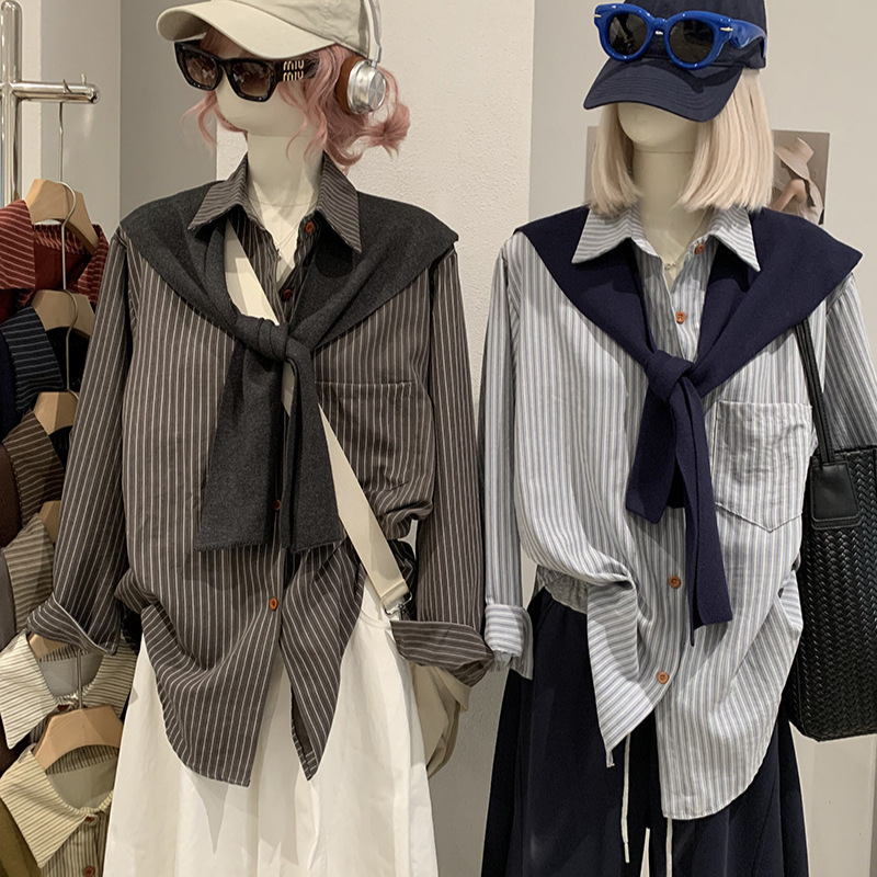 KEKEZOON 2026 Autumn New Striped Shirt and Shawl Two-Piece Set Korean Style Loose Layered Outfit 8898 KEKEZOON 2026 Autumn New Striped Shirt and Shawl Two-Piece Set Korean Style Loose Layered Outfit 8898