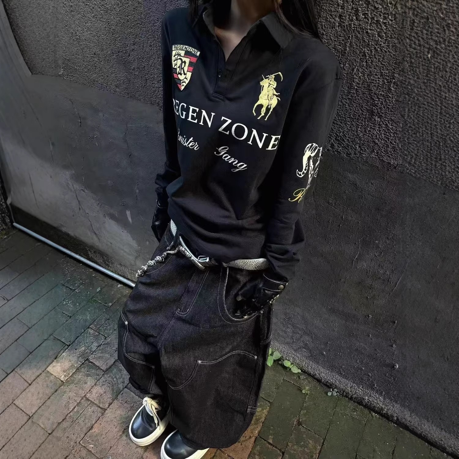 跨境美式街头衫长袖恤男女款春秋季鎏金宽松朋克亚文化上衣男 418