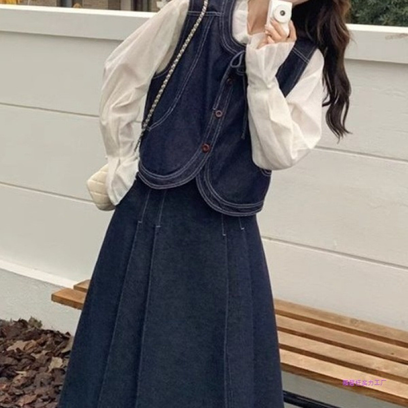 韩系牛仔套装裙女春秋2025新款小个子学院风马甲半身裙两件套韩系|undefined