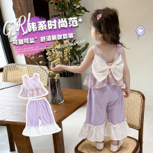 新款夏季女童紫色蝴蝶结背心裤套装可爱百搭洋气厂家批发