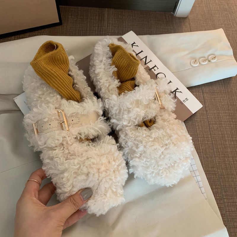 Tamanho grande sapatos peludos para outono e inverno exterior usar nova sola plana internet celebridade encaracolado mais gorro de veludo única mulher_voghion.com