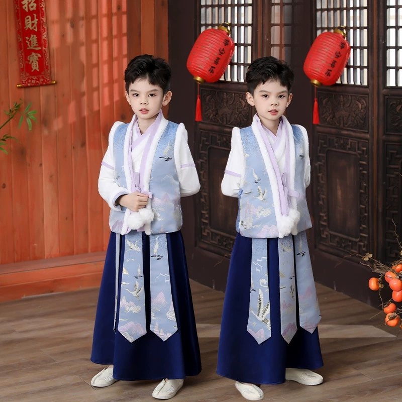 Осенне-зимний утолщенный на флисовой подкладке 2023 Новый костюм Тан для мальчиков Hanfu, детский древний костюм, боевые искусства в китайском стиле, новогодний костюм для выступлений