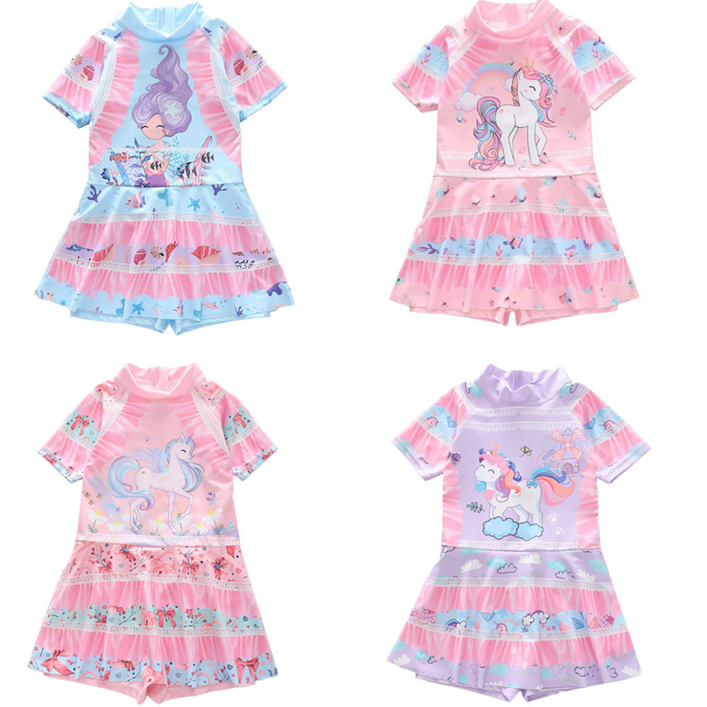 兒童泳衣女童連體平角泳褲裙式遊泳衣中大童洛麗塔獨角獸女孩泳裝