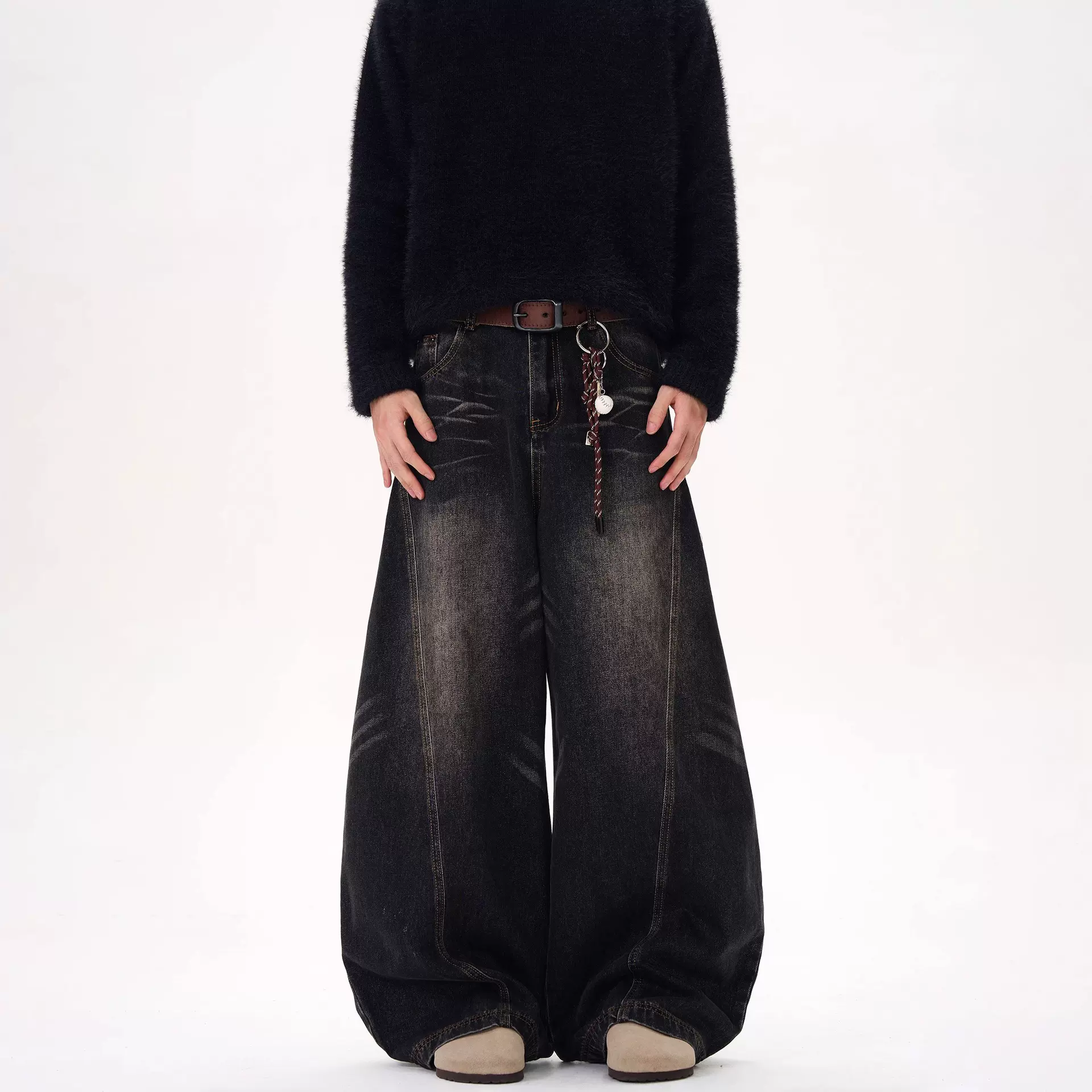 美式复古水洗牛仔裤男女直筒宽松弯刀阔腿情侣裤子潮牌痞帅高级感