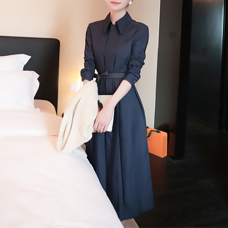 Spot manufacturers wholesale new solid color dark blue slim dress belt detachable A- line skirt long sleeve women