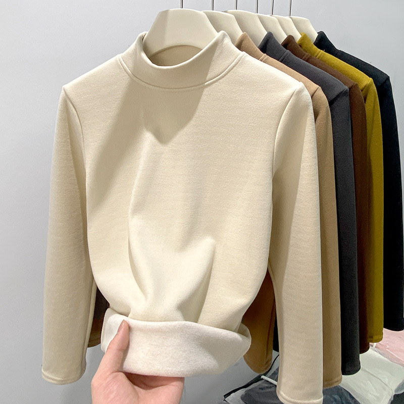 Women's Clothing Half Turtleneck Wool Bottoming Shirt For Women In Autumn And Winter With Plush And Thickened Slim Fit Warm Long Sleeved Top_voghion.com
