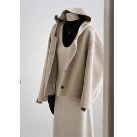 连帽大衣双面毛呢短外套气质浅卡其上衣女秋冬新款休闲通勤呢大衣