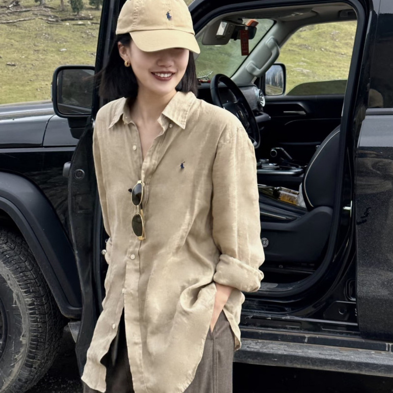 High-Quality Rl Ralph Cotton-Linen Shirt with Pony Logo Embroidery, Old Money Style Trendy Brand Linen Women's Shirt, Casual and Comfortable for Commuting High-Quality Rl Ralph Cotton-Linen Shirt with Pony Logo Embroidery, Old Money Style Trendy Brand Linen Women's Shirt, Casual and Comfortable for Commuting