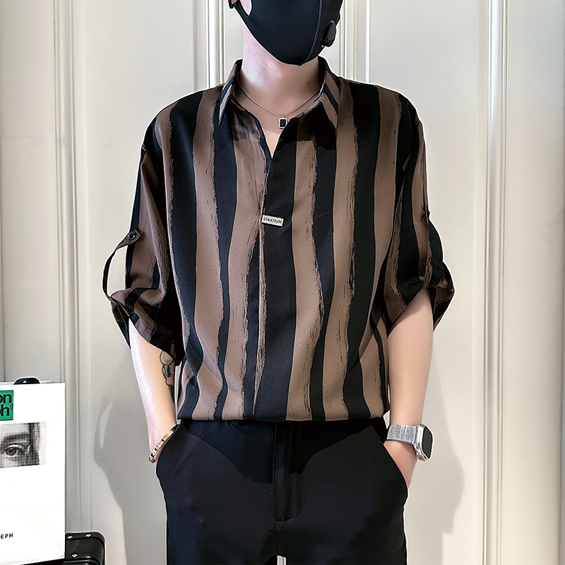 Striped Shirt Men's Short-Sleeved Summer Ice Silk Men's New Popular Style Handsome V Neck Three-Quarter Sleeve Shirt