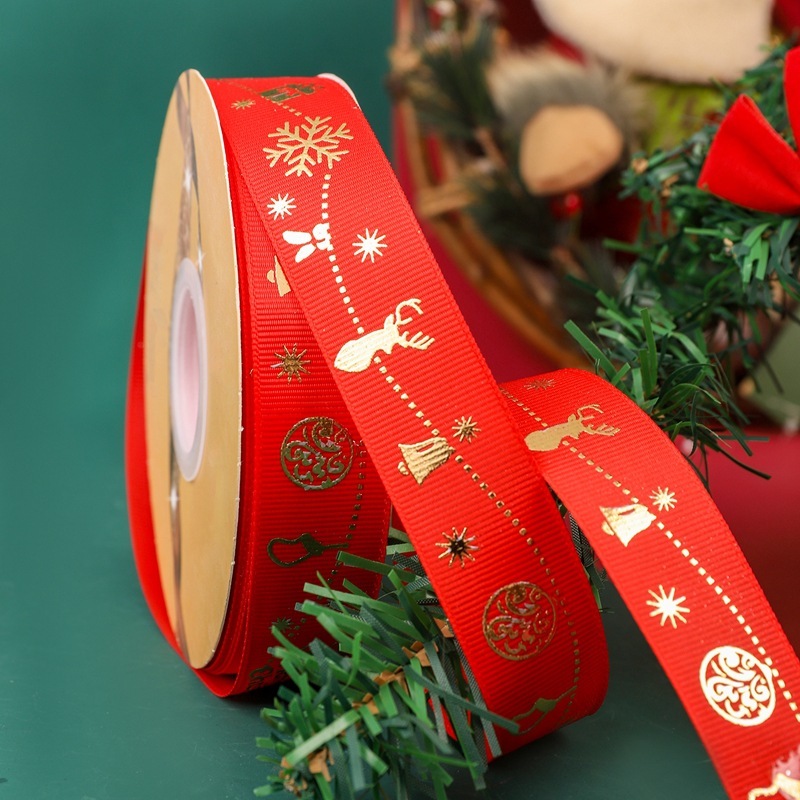クリスマスリボン卸売 2.5cm クリスマスリボン メリークリスマス文字金箔入りリボン|undefined