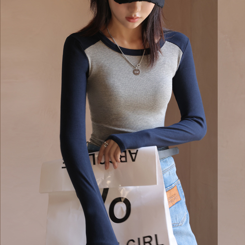 Tiktok popular costura contraste color hilo cuello redondo camisa de fondo desgaste interior de las mujeres Primavera, Otoño e Invierno estilo occidental de moda desgaste exterior manga larga image 8