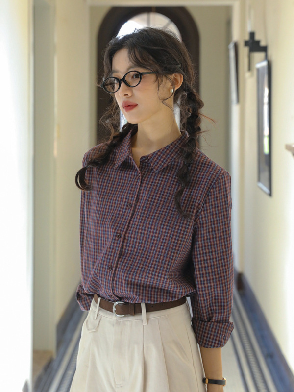 实拍 老钱风红色格子衬衫女秋季日系复古上衣休闲翻领长袖衬衣潮|undefined
