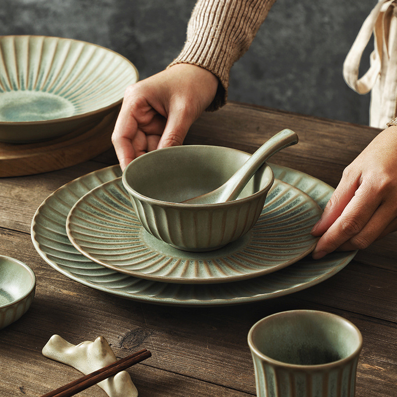 light green Kiln Series Japanese Style Vintage Table Tableware Dining Bowl Spoon Plate suit Simple Ceramic Tableware