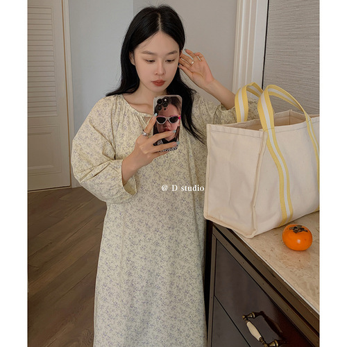 Du Xiaozhai Cotton Time Floral Beautiful House Dress Women's New Dress Loose Cotton Nightgown Spring and Autumn Long Style Women