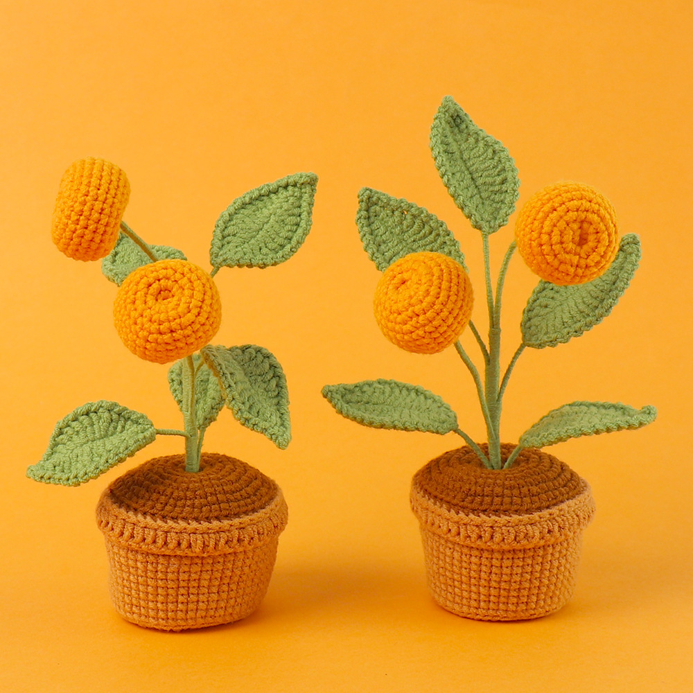 成品手工鈎織橘子大橘大利盆栽仿真毛線編織花束客廳家居擺件禮物