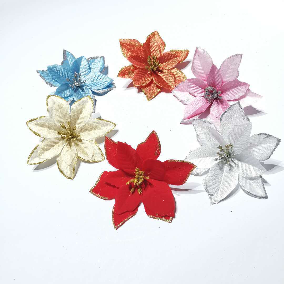 Ramos de flores artificiales transfronterizos, cabezas de flores de seda, decoraciones navideñas, flores de Navidad, flores con polvo dorado, flores artificiales navideñas con bordes dorados.