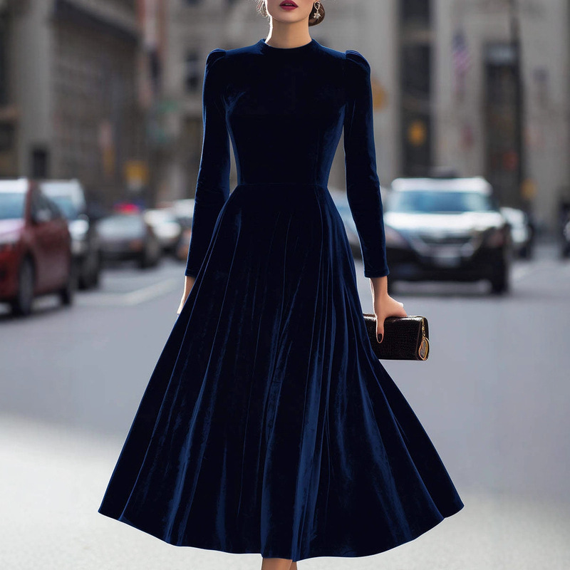 European and American Cross-Border Export Dress 2025 Autumn and Winter New Velvet Round Neck Long-Sleeved Gold Velvet A-Hem Dress