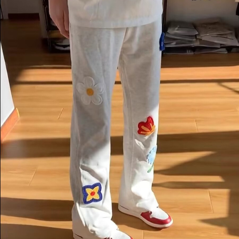 Summer Basic Floral Embroidery Heavy Drape High Street Hip-Hop Straight Loose Sweatpants Casual Pants for Men and Women