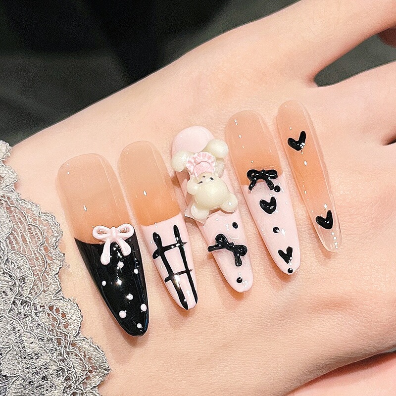 Purely Handmade Long French-Style Bear Nail Art Stickers, Removable Cute Fake Nails