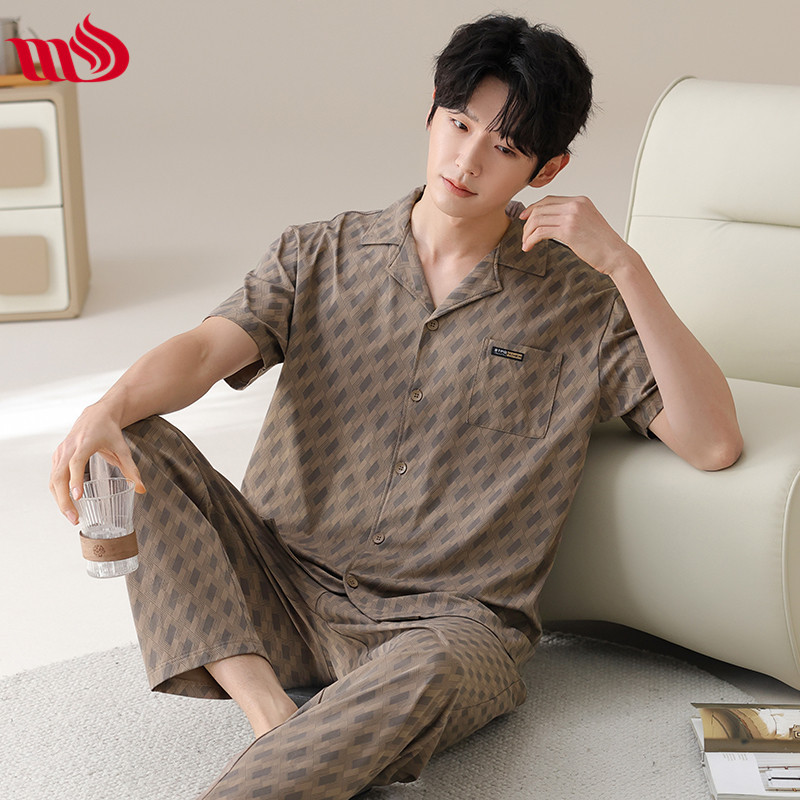 Mulong Aristocratic Family 2025 New Men's Pajamas Pure Cotton Lycra Summer Thin Short-sleeved High-end Light Luxury Home Clothes