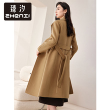 臻汐新品简约翻领双面羊毛呢大衣女长袖直筒中长款外套WK063