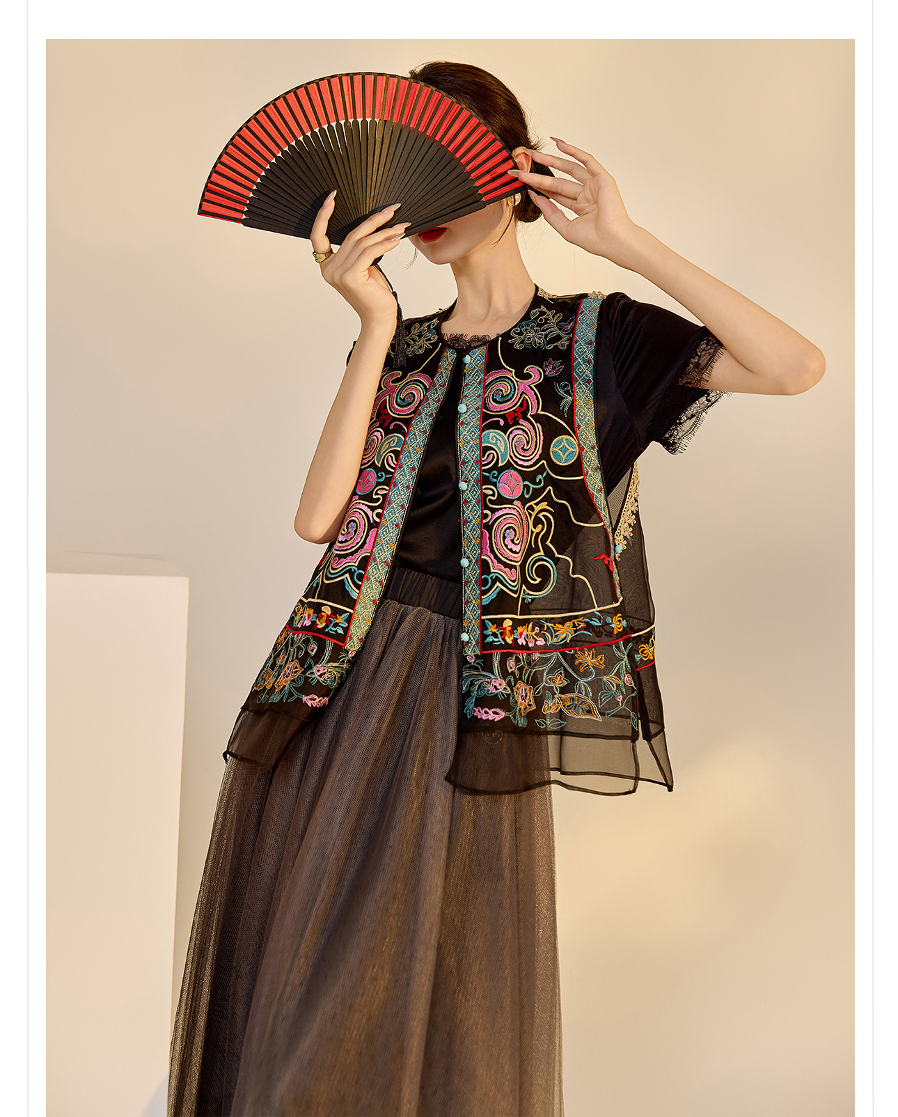Áo vest cổ đứng phong cách retro Trung Hoa, thiết kế thêu, chất liệu tơ dâu tằm, mẫu ZX N4045 — Màu đen, Hồng mơ chi tiết 26