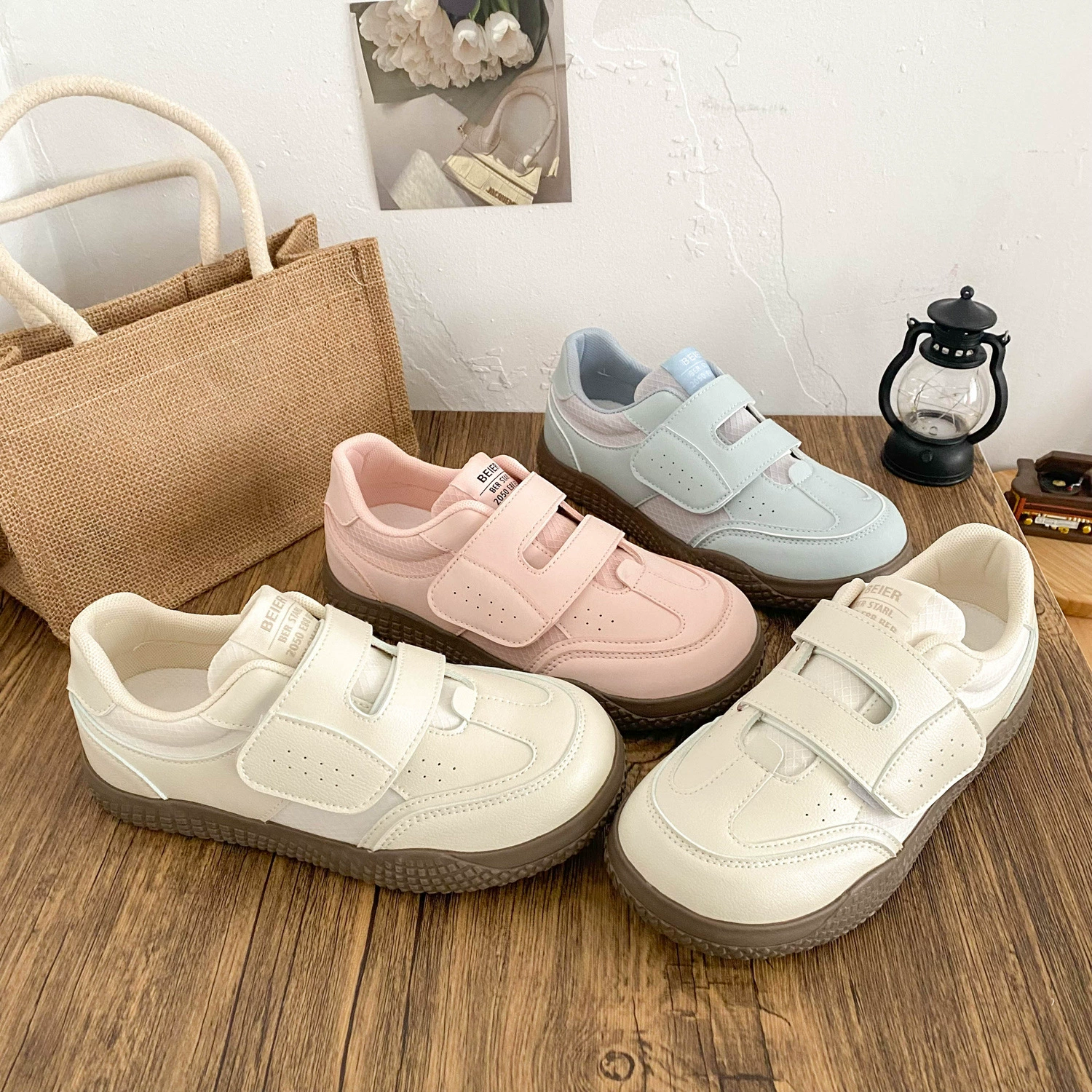 BE-6829 латексная стелька/cro, белые туфли на толстой подошве на липучке, женская обувь, новинка весны 2021, кожаные повседневные кроссовки