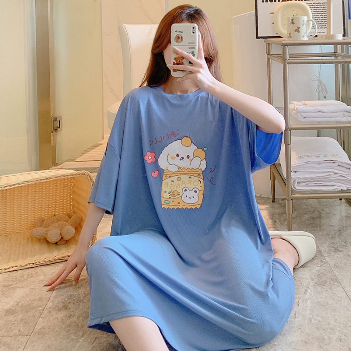 얼음 실크 리브 잠옷 여자의 여름 잠옷 만화 플러스 사이즈 얇은 반팔 인터넷 스타일 실크 통통녀 가정 의류