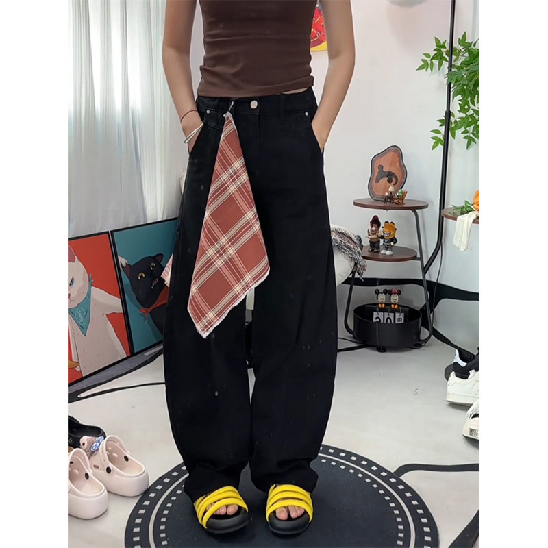 美式黑色弯刀牛仔裤男2025新款潮牌痞帅宽松阔腿直筒休闲裤男装潮|undefined