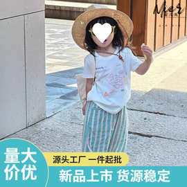 童装儿童套装夏季男女童卡通短袖T恤上衣条纹防蚊裤两件套薄Z034