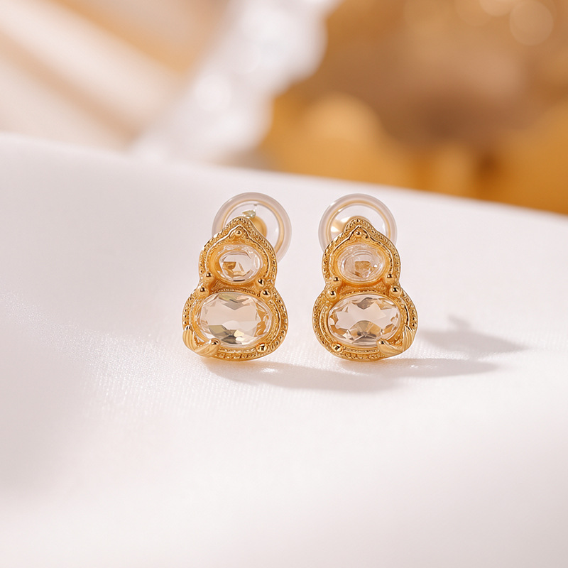 Khuyên tai nữ bạc S925 đính đá pha lê vàng hình hồ lô phong thủy — Cặp đôi