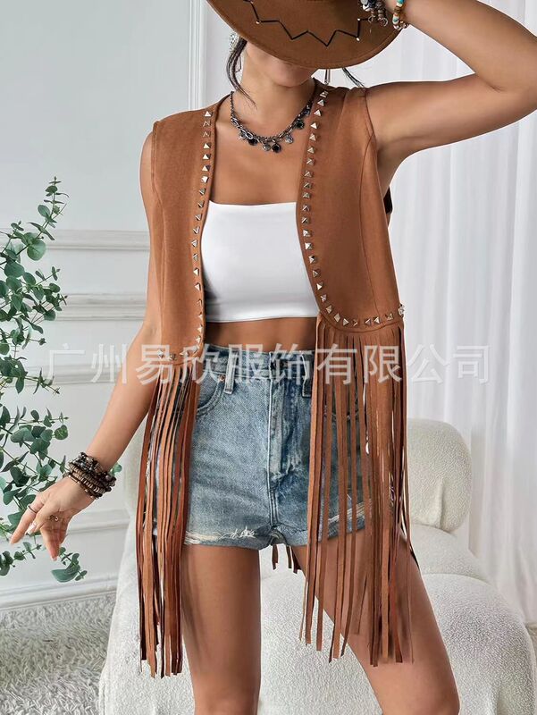 女式流苏 60 年 70 年代嬉皮背心无袖牛仔西部人造鹿皮绒流苏夹克|undefined