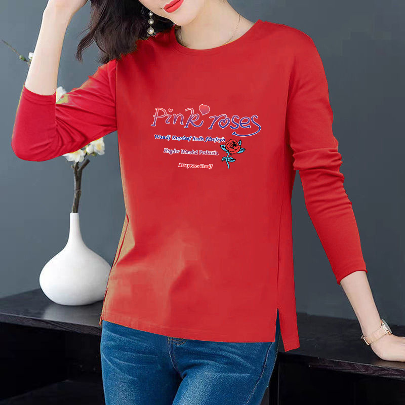 [100 cotton] 2024 autumn long sleeve printed cotton T-shirt pullover Korean commuter loose round neck ladies base