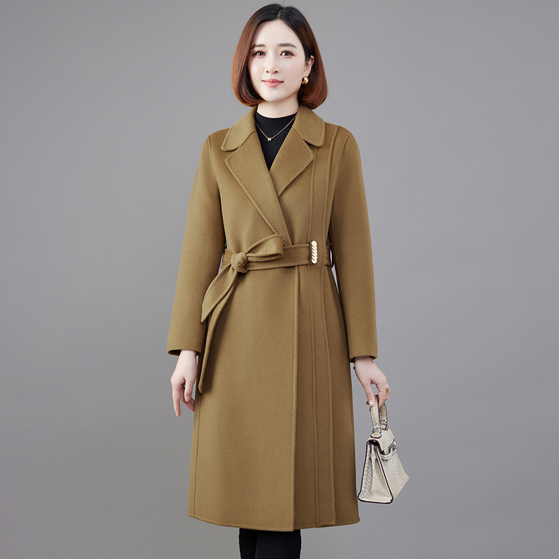 Double-Sided Woolen Outwear Mid-Length Middle-Aged and Elderly Women's New Mother's Woolen Lace-Up Suit Collar Autumn and Winter Outwear