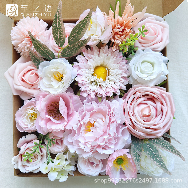 亞馬遜熱賣婚禮派對(duì)花盒花束玫瑰粉色天然森系手工仿真diy手捧花
