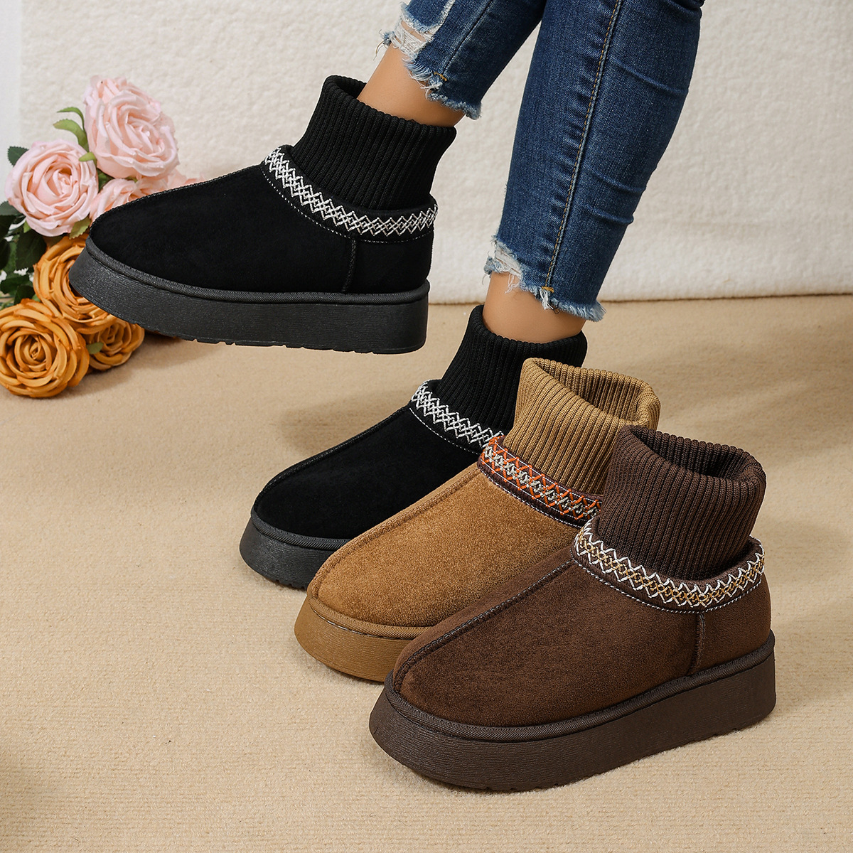 Cross-border foreign trade women's winter snow boots, new style, fleece-lined, thick-soled, ethnic-style, height-increasing, elastic tube boots, cotton shoes