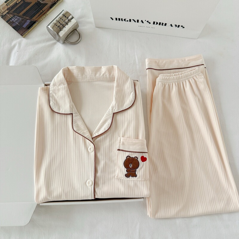 Class a Antibacterial Pajamas for Women, Autumn and Winter Long-Sleeved Imitation Cotton Pants, Lapel Girls, Student Home Clothes, Cheap and Low Price